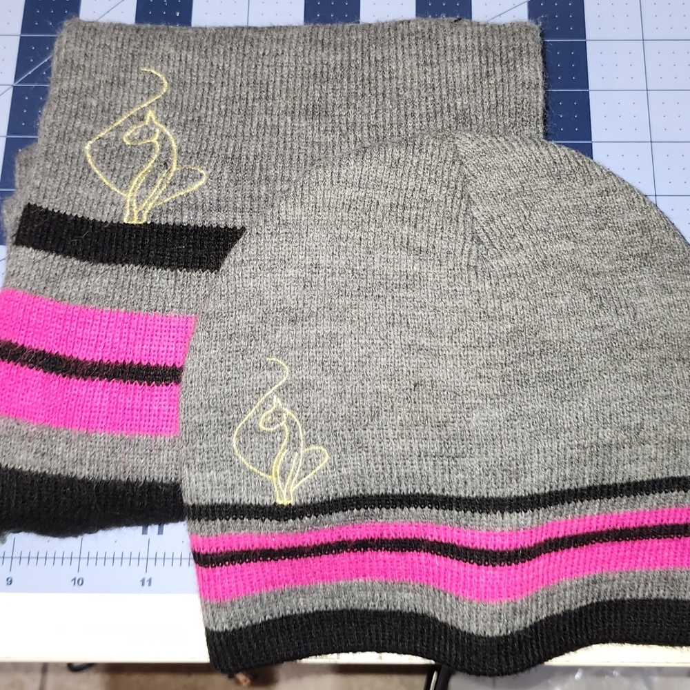 Baby Phat Gray Scarf Has Pink and Black Stripes And Matching Skull Cap Beanie